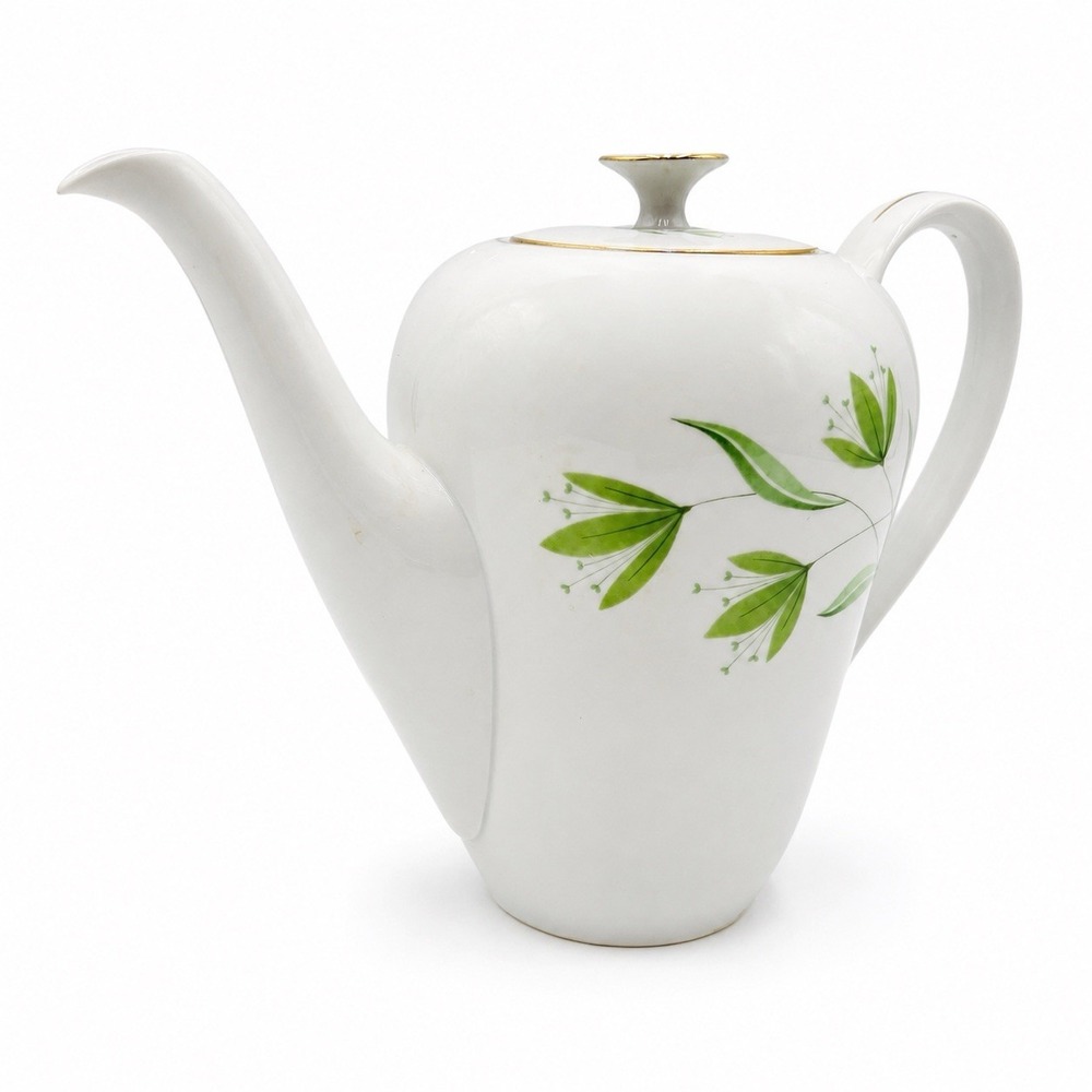 Vintage Fine Bohemian China Czechoslovakia Coffee Pot Green Leaves Gold